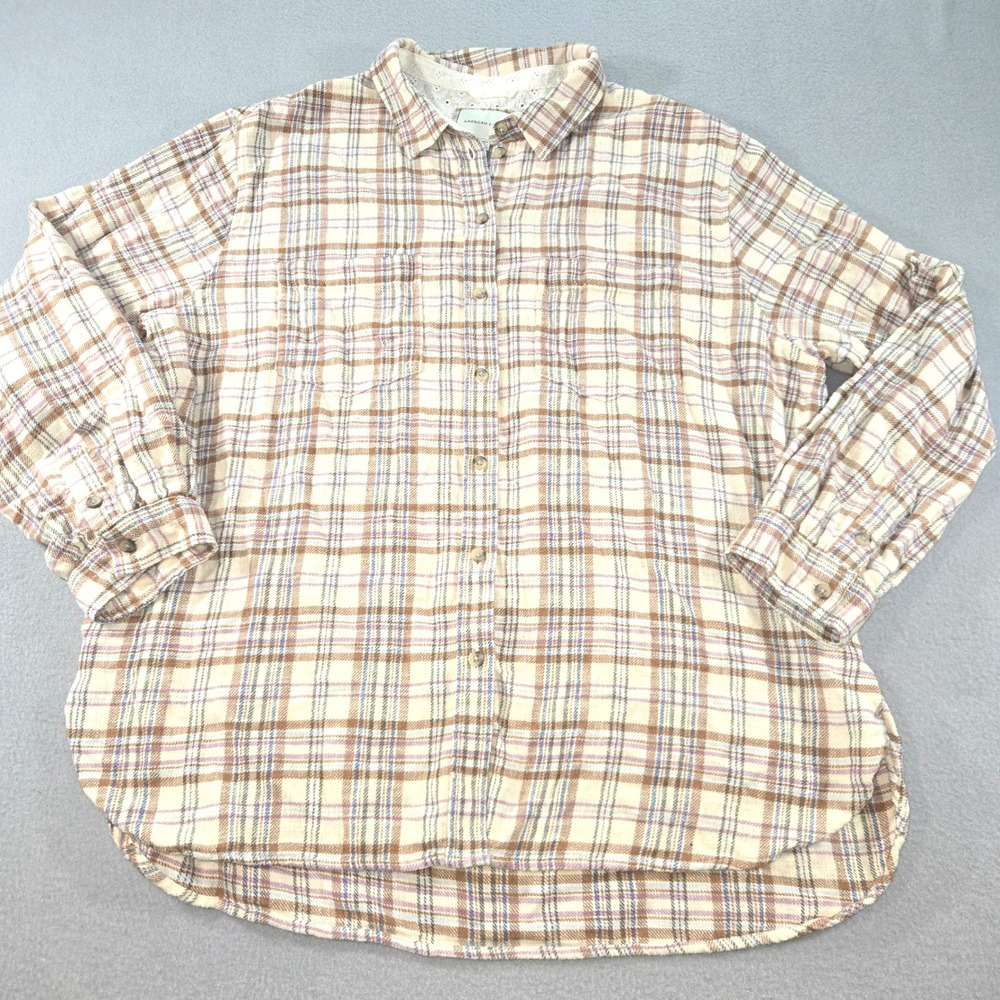 American Eagle Flannel Shirt Womens XL Tan Purple Plaid Lace Trim Button Down